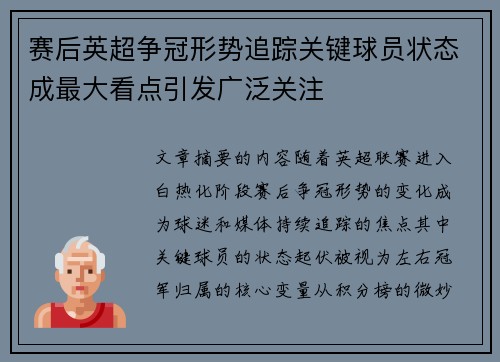 赛后英超争冠形势追踪关键球员状态成最大看点引发广泛关注